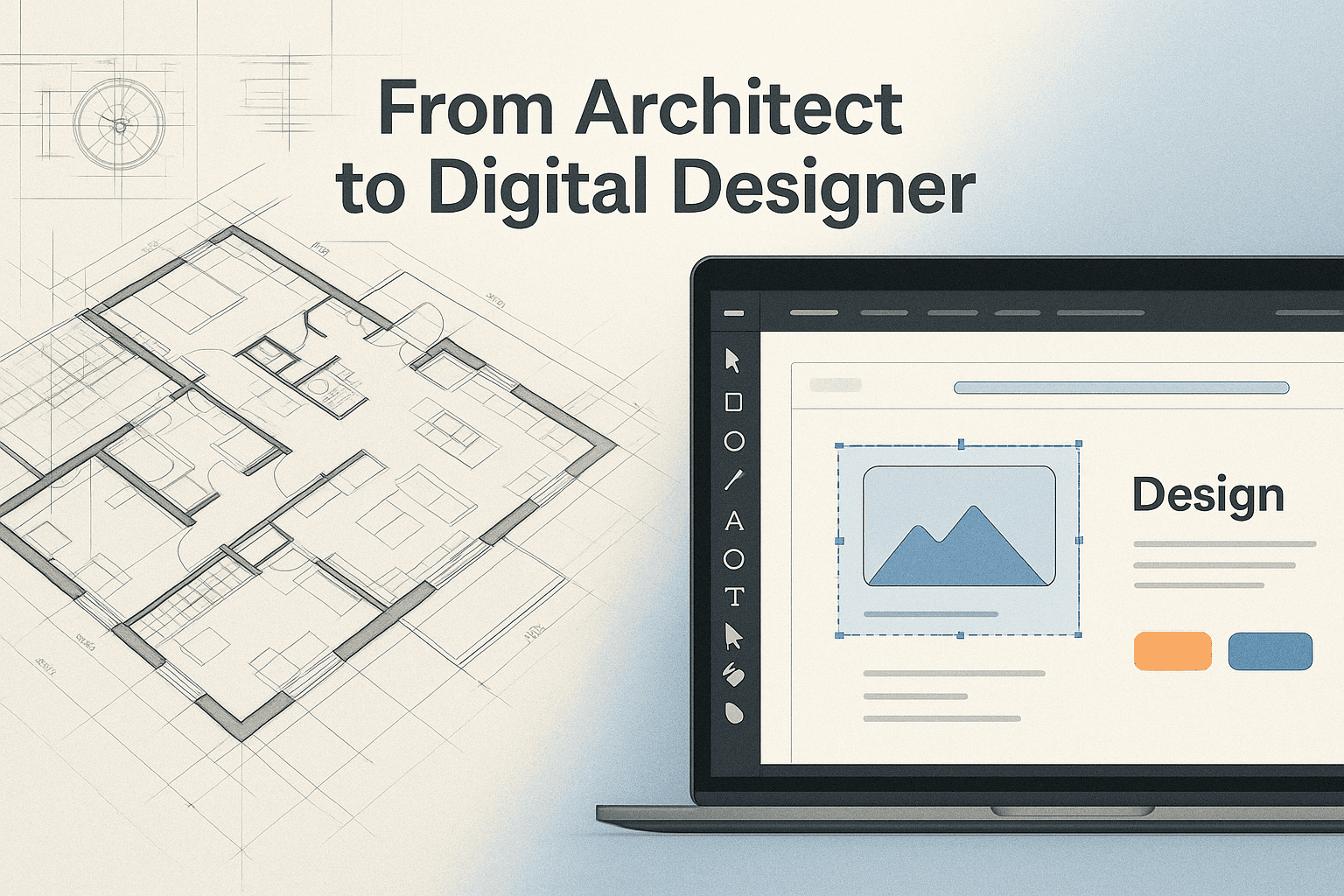 An image showing a blueprint for a house and a layout for a website, illustrating the career change drom architecture to digital design.