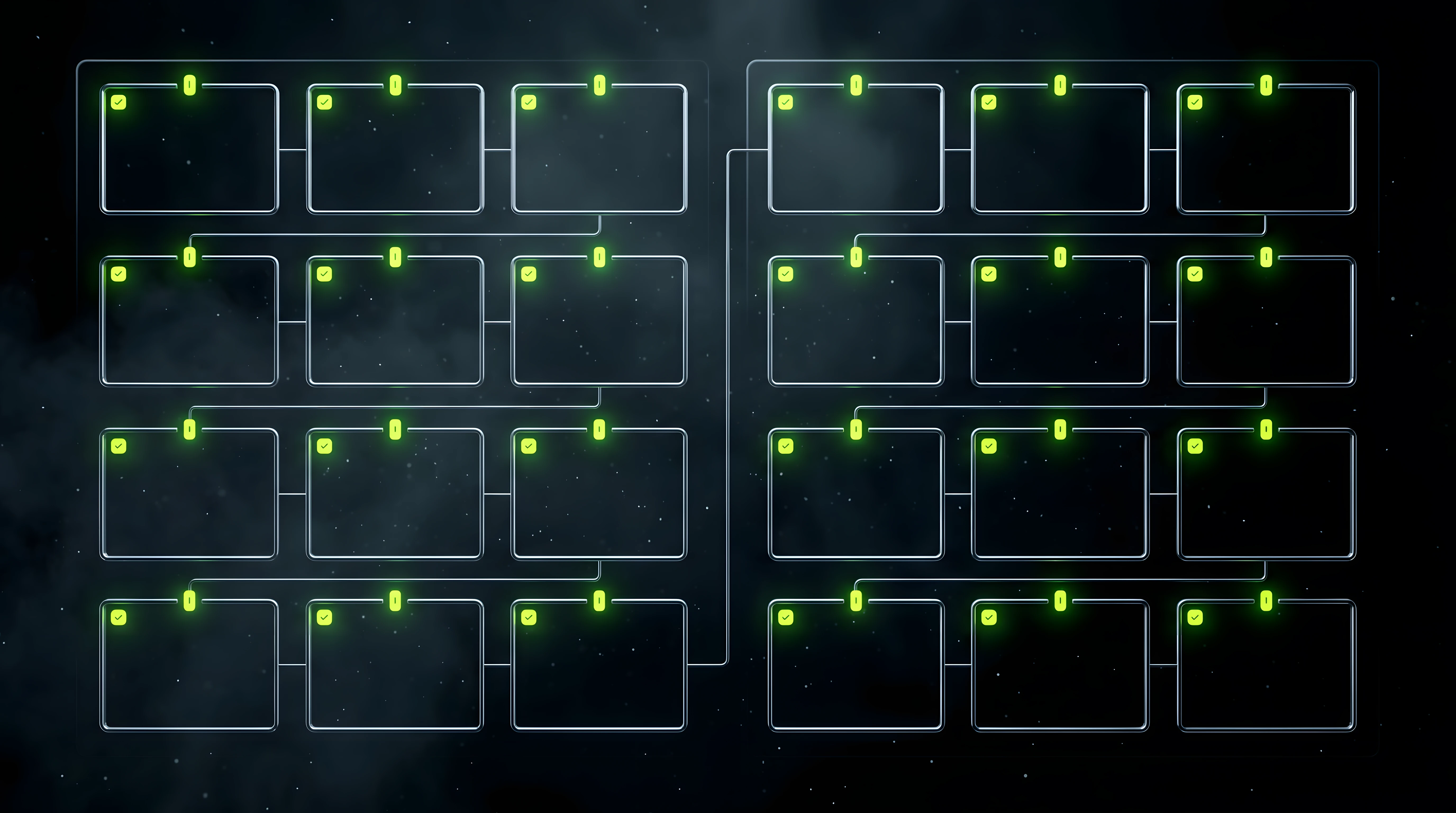 Minimal dark schematic of a two-page brief laid out as a grid with toxic lime section markers on a void background, representing a reusable brief skeleton.