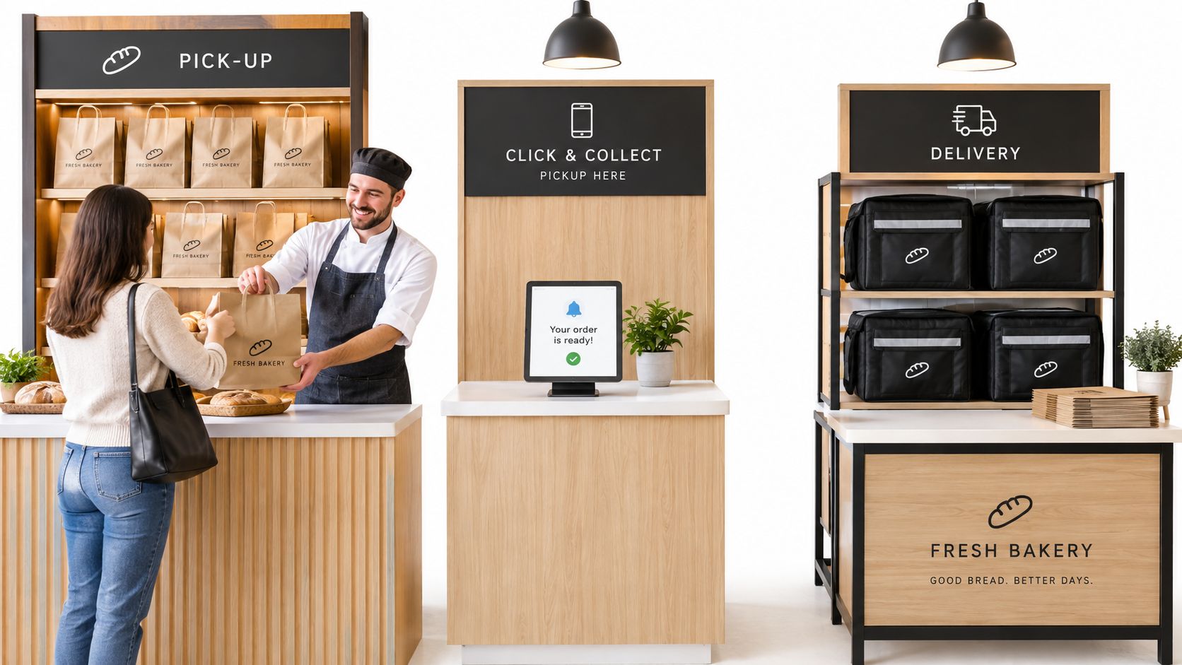 Un panadero entrega una bolsa de pan a una clienta en una panadería moderna con servicio digital.