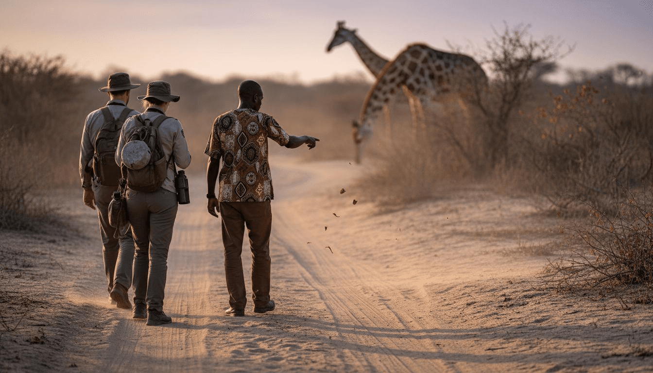 Accompagnés d’un guide local, les visiteurs partent à pied à la découverte des animaux sauvages.