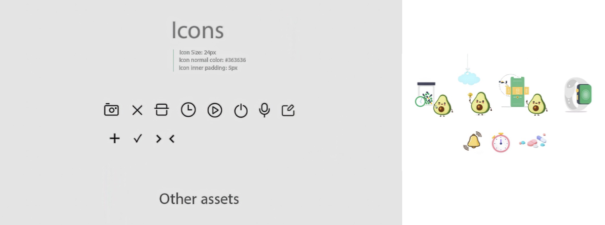 Design system elements including icons and mascot states for the medication reminder app