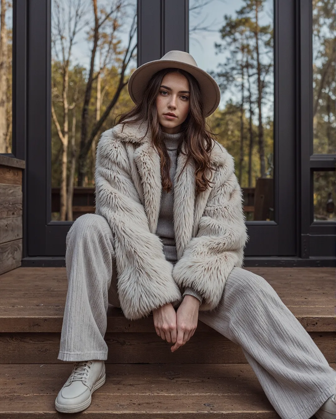 Stylish winter outfit featuring cream faux fur coat, wide-leg pants, and fedora hat on wooden porch with forest backdrop