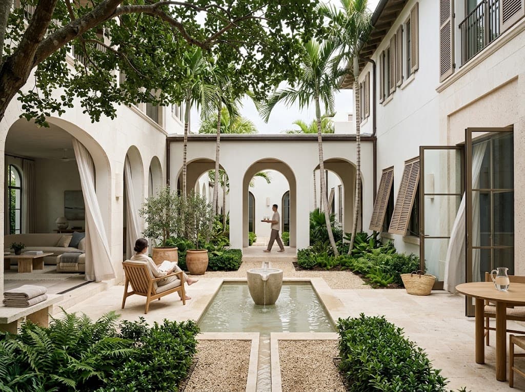 Woman reading in a wooden chair beside a stone fountain in a serene courtyard with arched loggias, shuttered windows and palm trees, as a staff member carries a tray through an archway