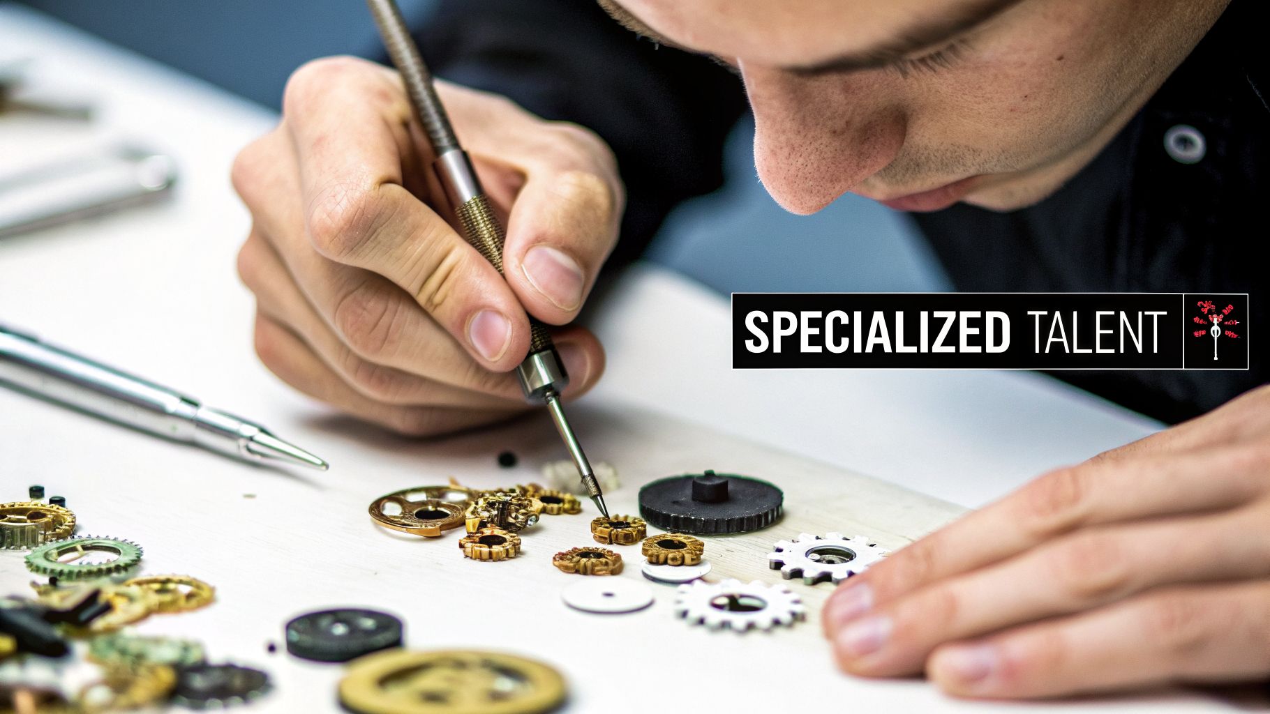 A craftsman with specialized talent carefully works on intricate mechanical gears and tiny components.