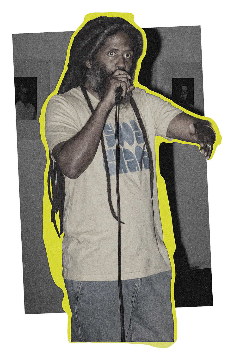 A cutout of the rapper Murs rapping with a wired microphone in hand, wearing a Good Chaos shirt.