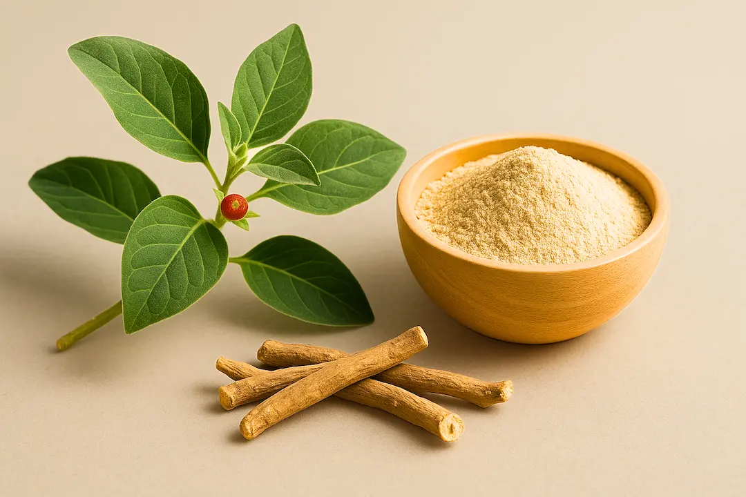 Ashwaganda Blatt Wurzel und Pulver als Flatlay