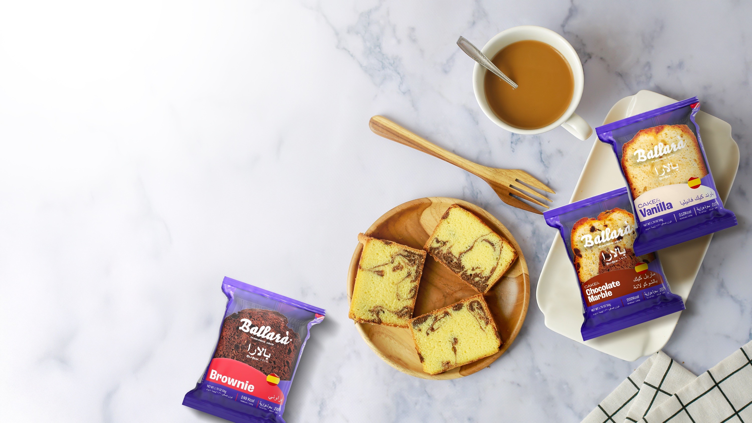 Promotional image for Ballara Cakes showing packaged slices of Vanilla, Chocolate Marble, and Brownie cakes arranged beside a wooden plate of sliced marble cake, a cup of coffee with a spoon, and a fork on a marble tabletop. On the left, text describes Ballara as “European cakes with a soft, premium bite” and details market entry and distribution in Saudi Arabia, with a yellow button labeled “Explore Case Study.”