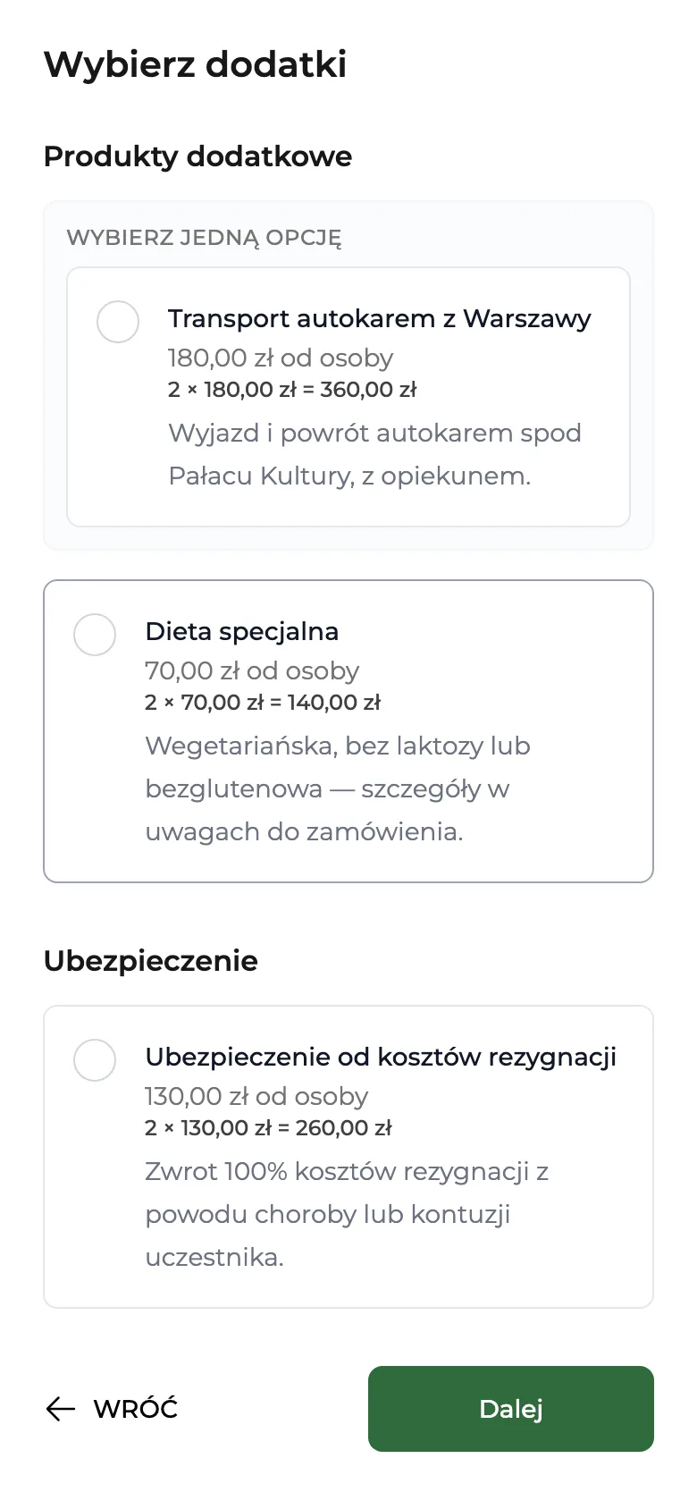 Dodatki do obozu: transport, dieta, ubezpieczenie od kosztów rezygnacji