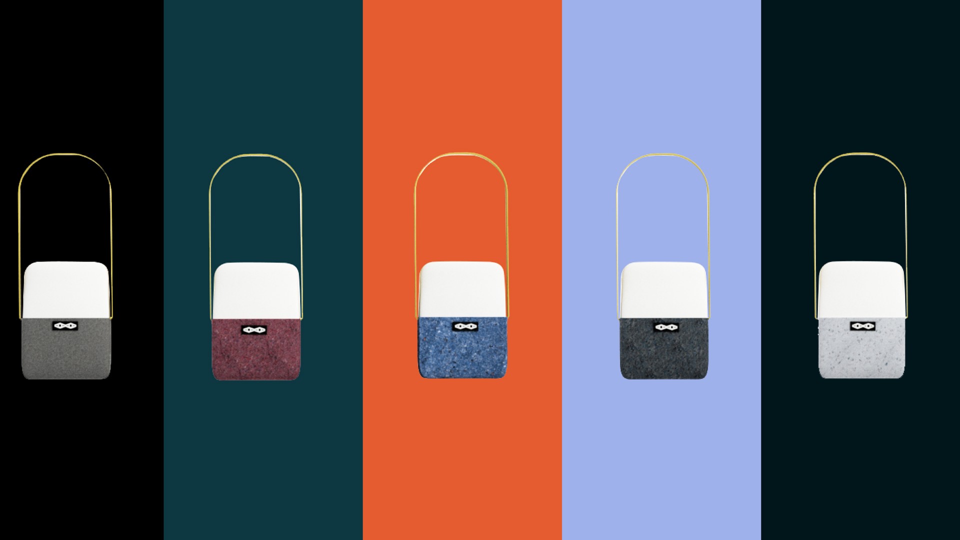 Five small pouches with gold metal handles and white tops are displayed against a black background. Each pouch has a small logo on the front. The pouches vary in color: white, maroon, blue, light blue, and gray.