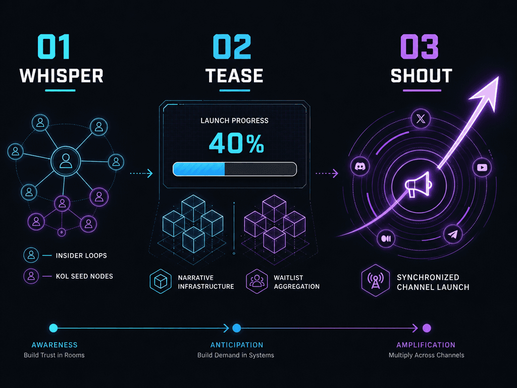 Strategic diagram of the Whisper-Tease-Shout cryptocurrency marketing framework showing the progression from insider loops to a full launch.