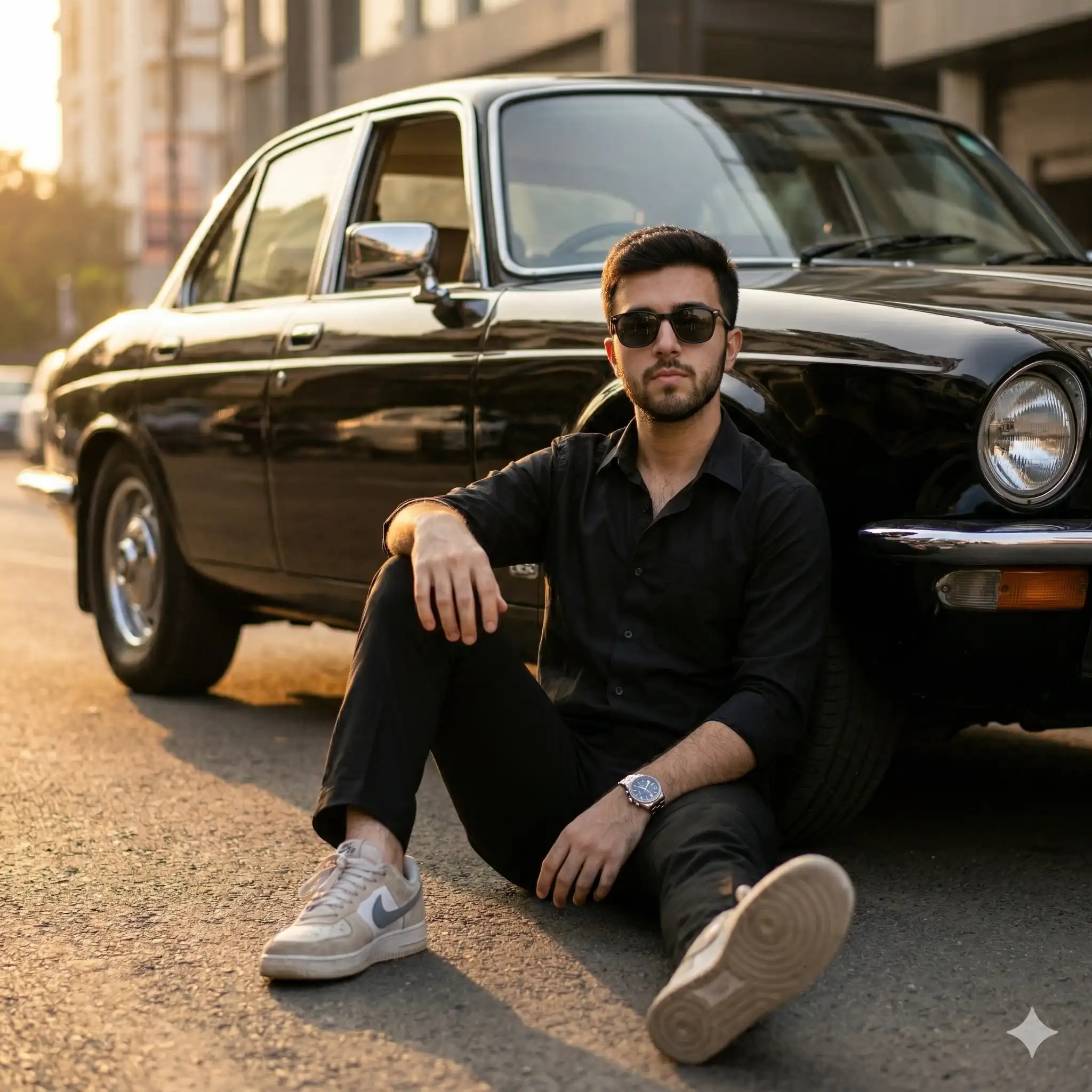 AI image generation of a man in sunglasses sitting against a classic black car at sunset. Created using Nanobanana prompts for Mahendra's digital marketing portfolio