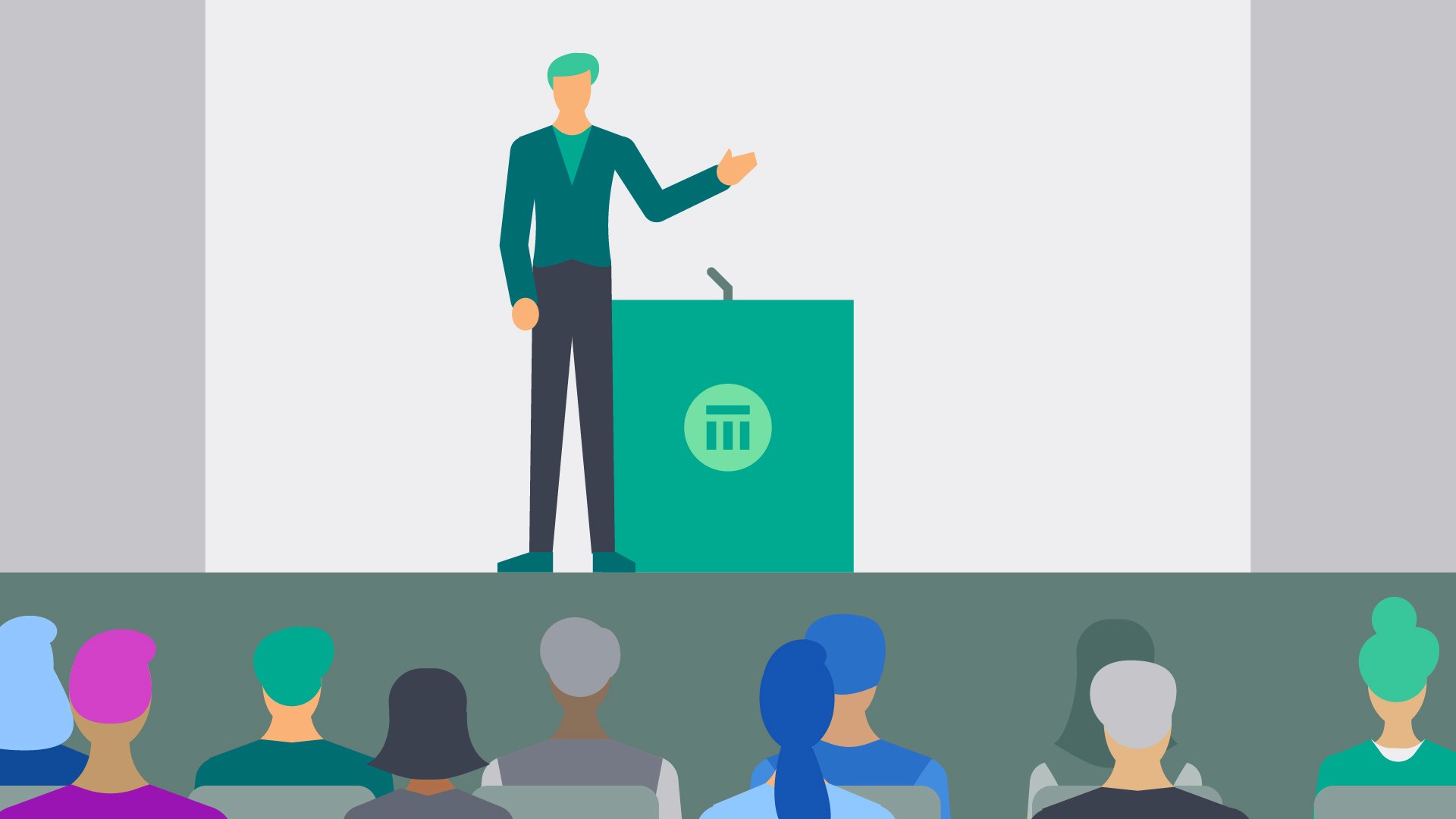 Illustration of a person at a keynote talking up on stage in front of people.