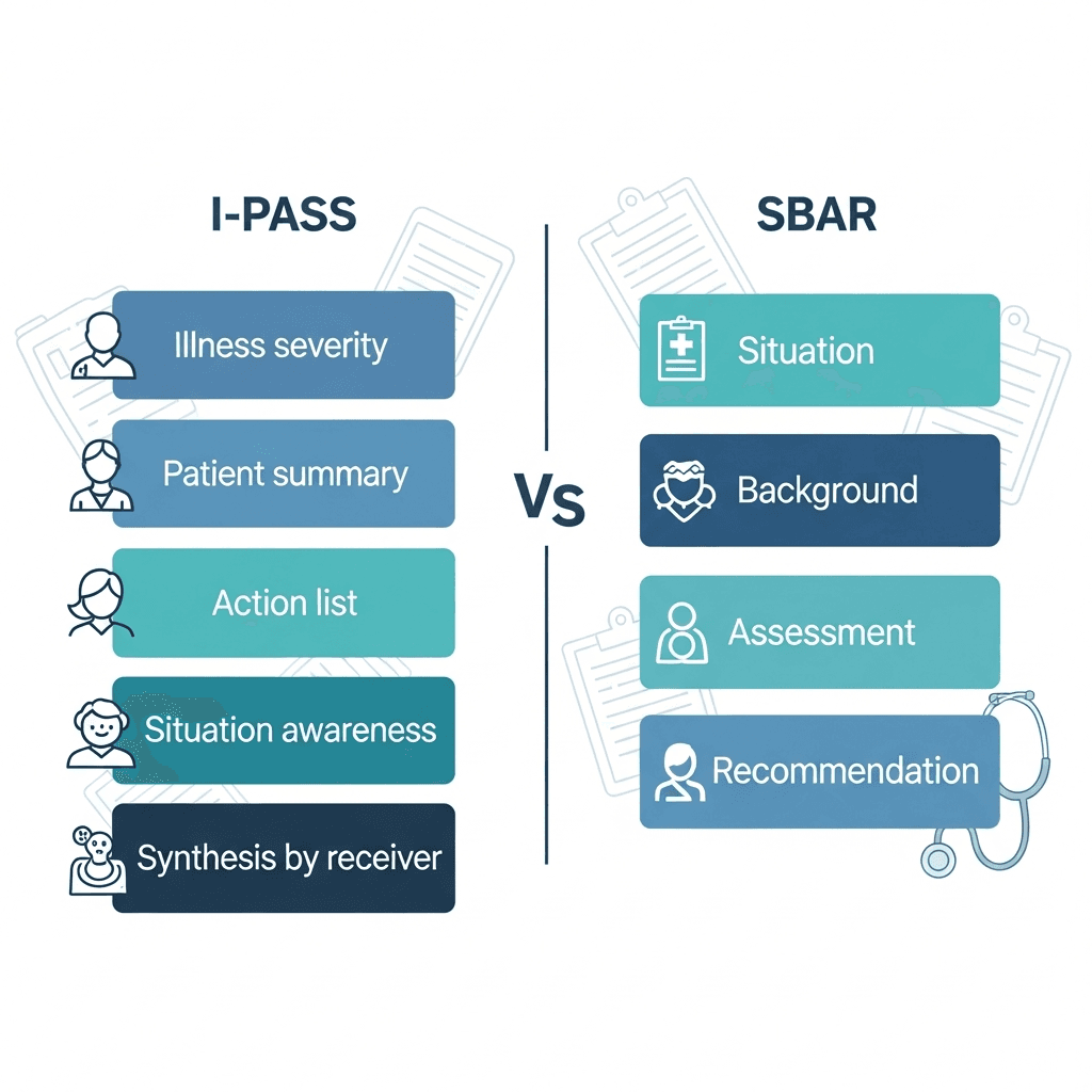A clean, professional medical infographic comparing two patient handoff frameworks side by side. On the left, I-PASS framework with five components vertically stacked: "Illness severity", "Patient summary", "Action list", "Situation awareness", and "Synthesis by receiver". On the right, SBAR framework with four components: "Situation", "Background", "Assessment", and "Recommendation". Use a modern healthcare color palette with blues and teals. Include subtle medical icons like a clipboard and stethoscope. The design should be clear, minimalist, and suitable for a professional healthcare blog post.