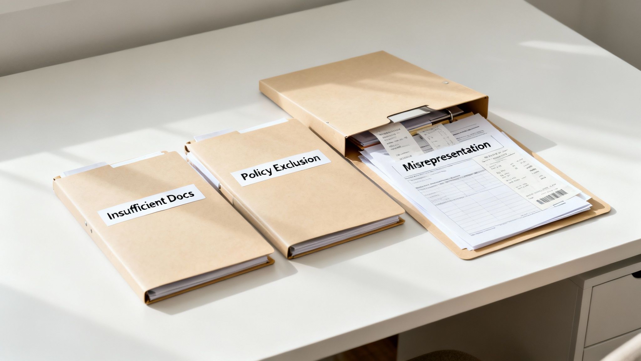 Three labeled folders on a desk showing reasons for claim denial: insufficient docs, policy exclusion, misrepresentation.