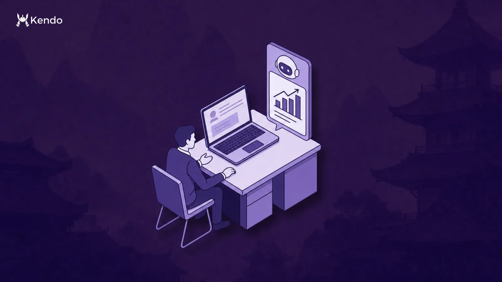How to use AI in sales: illustration of a sales rep at a desk with an AI assistant surfacing call insights and a chart