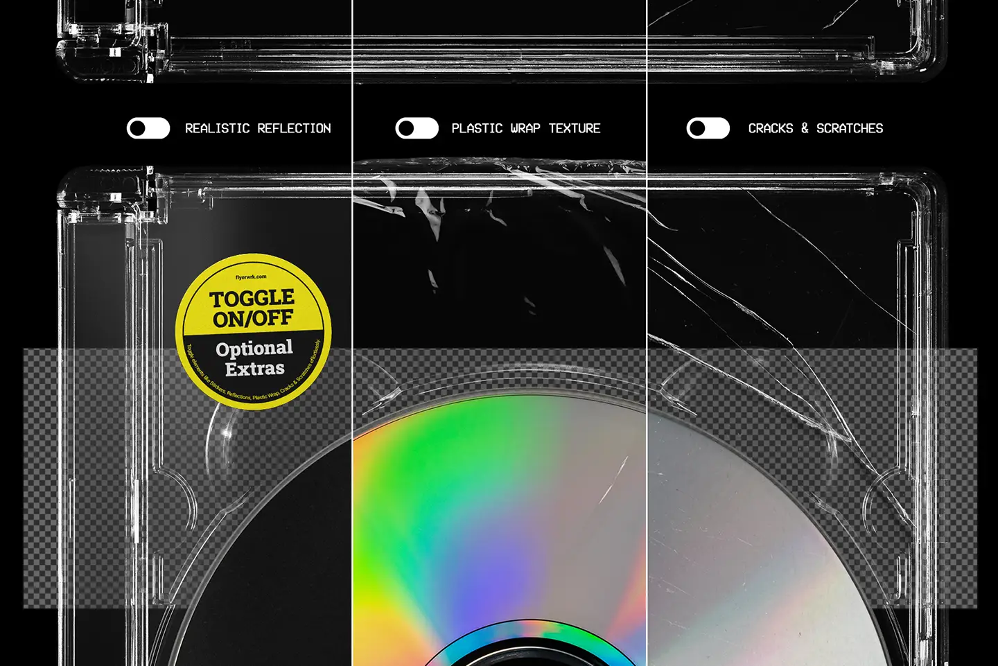 DVD jewel case mockup optional plastic wrap texture scratches and reflections preview
