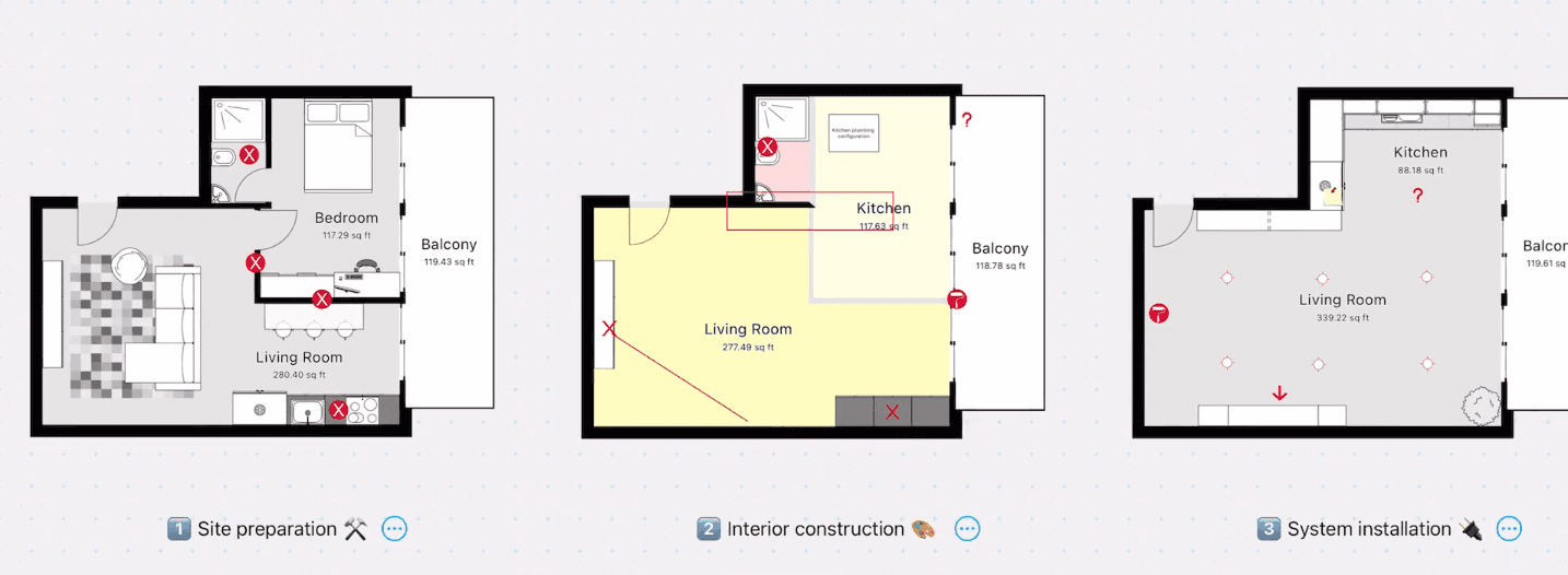Magic plan remediation report example featuring detailed floor plans and moisture damage job site data.