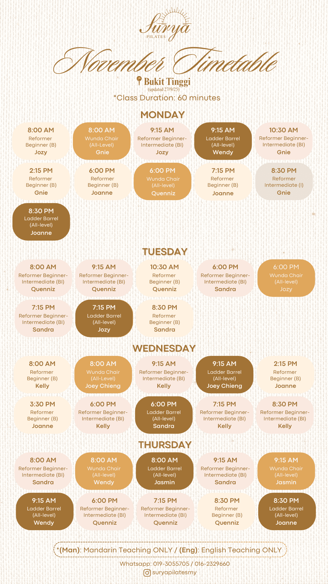 Surya Pilates Bukit Tinggi Schedule