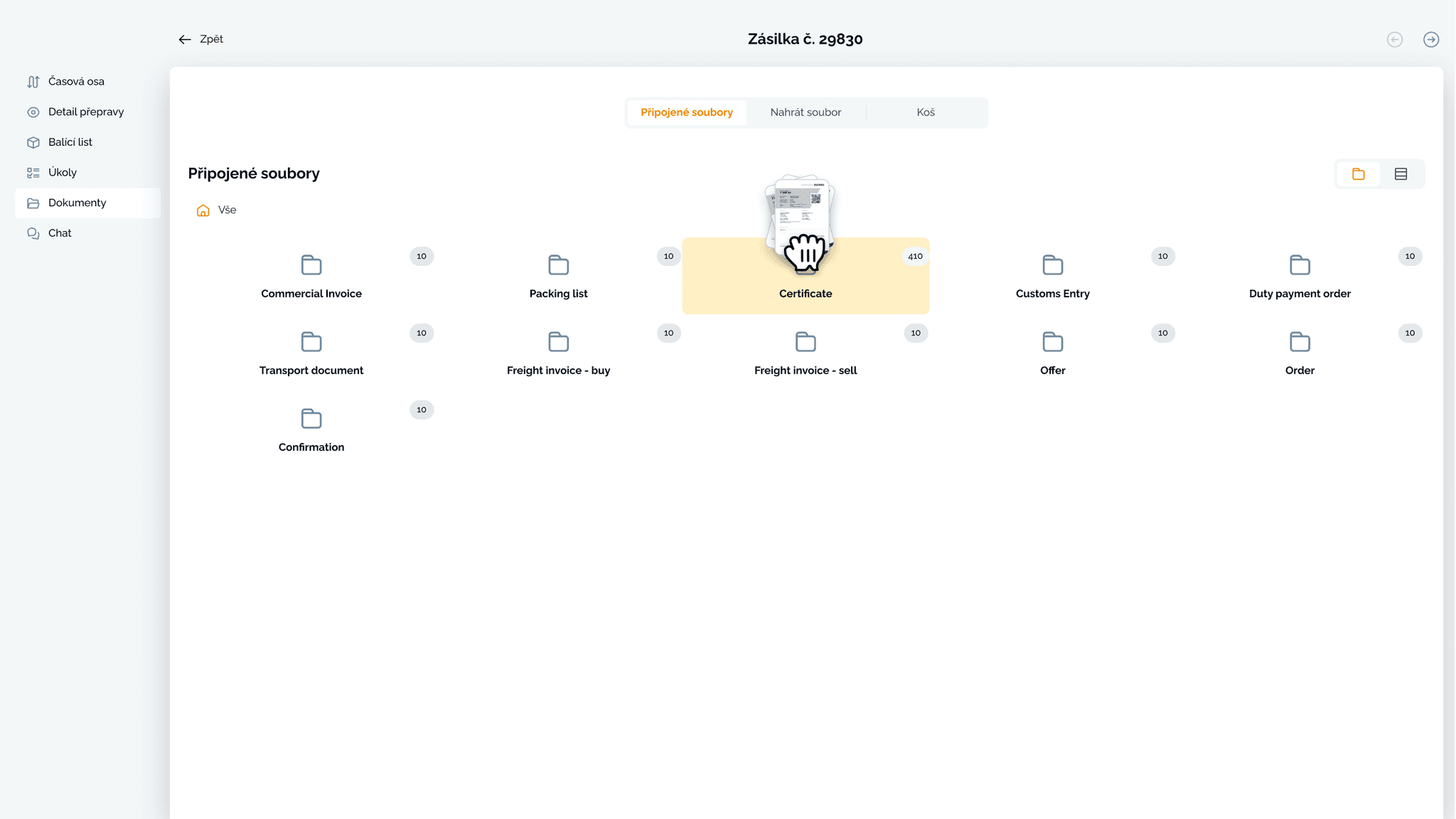 EStone: přehledný dokumentový modul se složkami (Commercial Invoice, Packing list, Certificate atd.), umožňující nahrávat, přesouvat a spravovat soubory k zásilce.