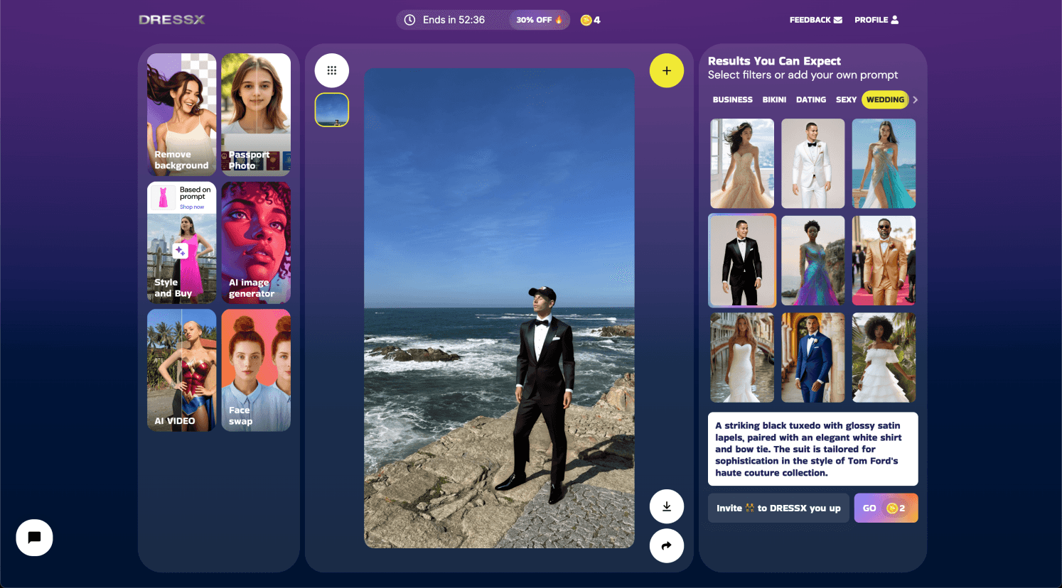 A DRESSX interface showing a man in a tuxedo by the ocean, with fashion filters and style options on the side.