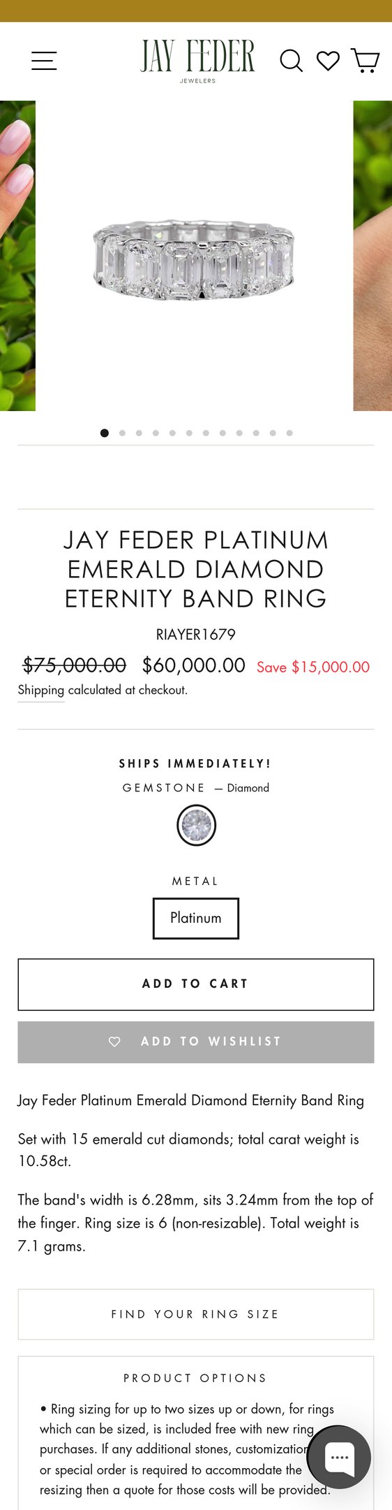Jewelry product options include: ring for Jay Feder Platinum Emerald Diamond Eternity Band Ring from Jay Feder Jewelers.
