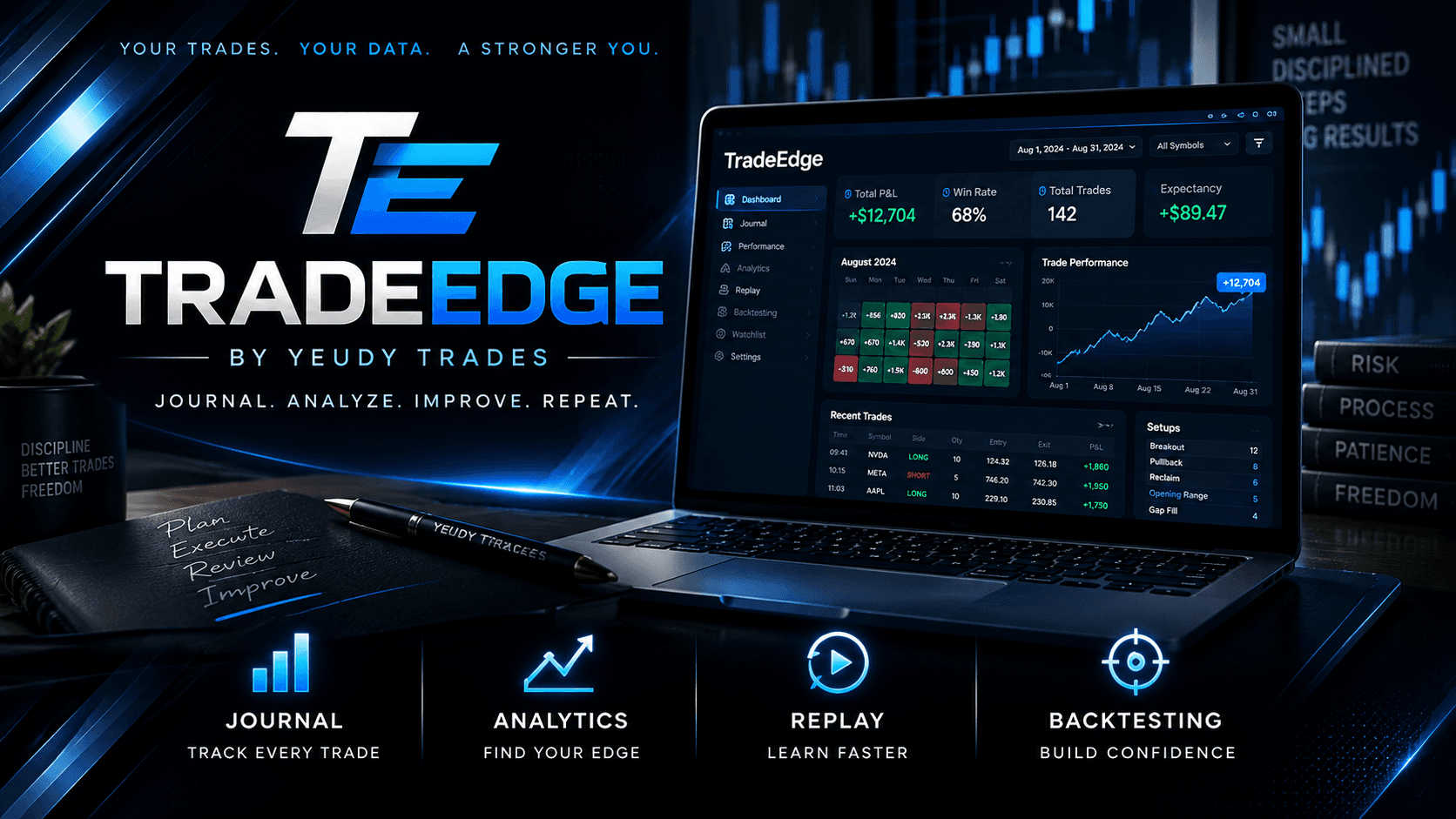 TradeEdge trading journal dashboard with recent trades and performance calendar