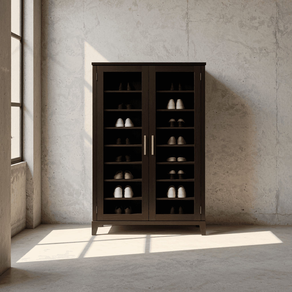 product photography of a shoe cabinet with glass doors for storage