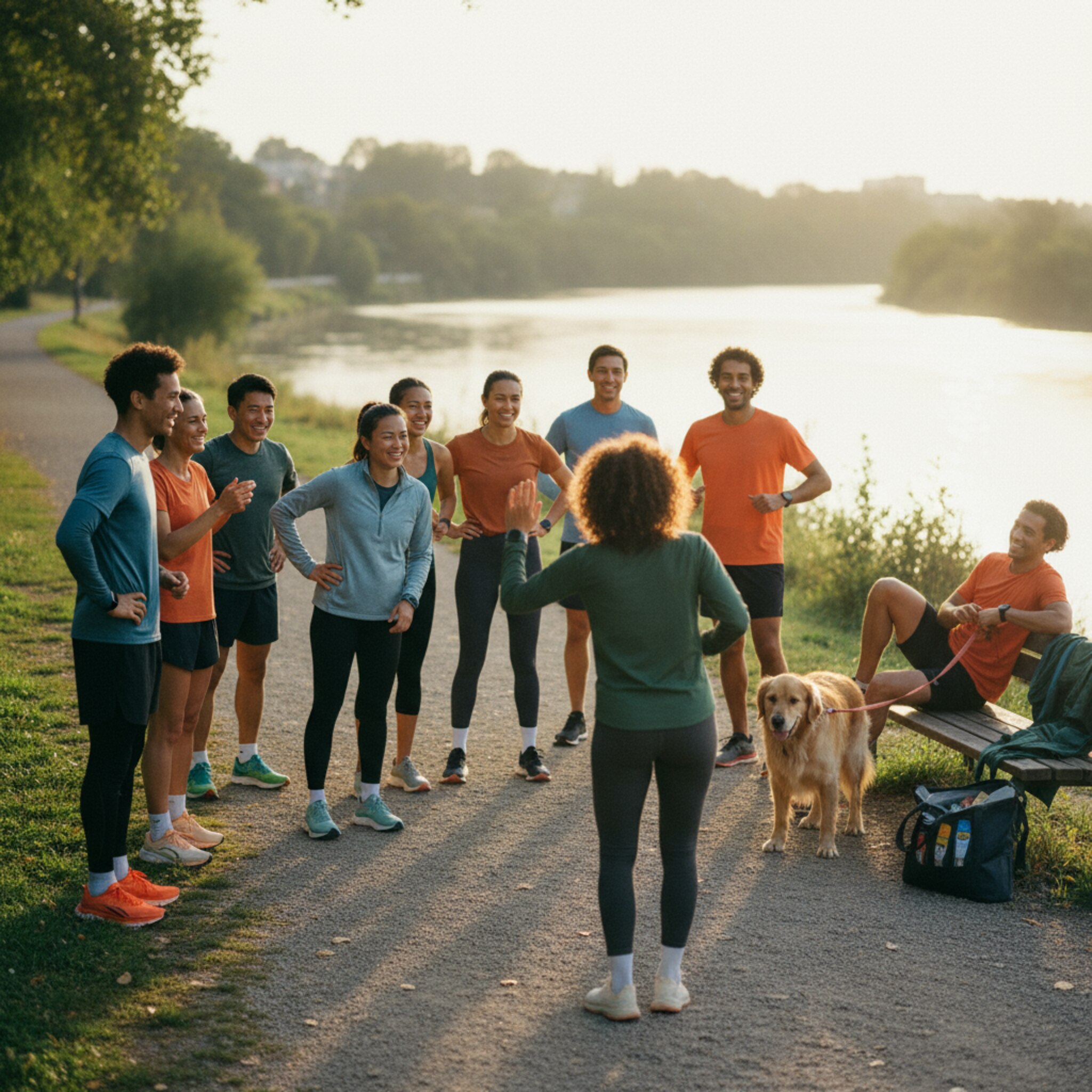 Eine Gruppe kehrt nach einem Longrun am Fluss zurück. High-Fives am Treffpunkt, leichte Erschöpfung, aber breite Grinsen. Im Hintergrund hängen nasse Jacken über einer Parkbank, eine Tasche mit Gels liegt offen. Ein Hund wedelt aufgeregt, während der Coach das Cool-down startet.