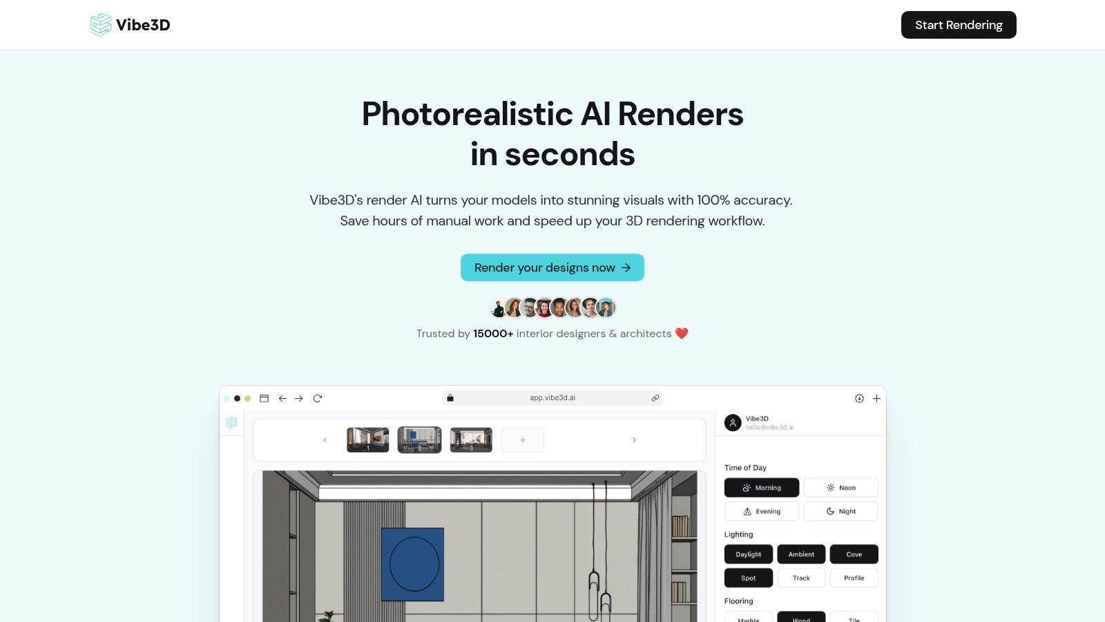 Vibe3D's AI-powered rendering interface, showcasing a photorealistic interior scene.