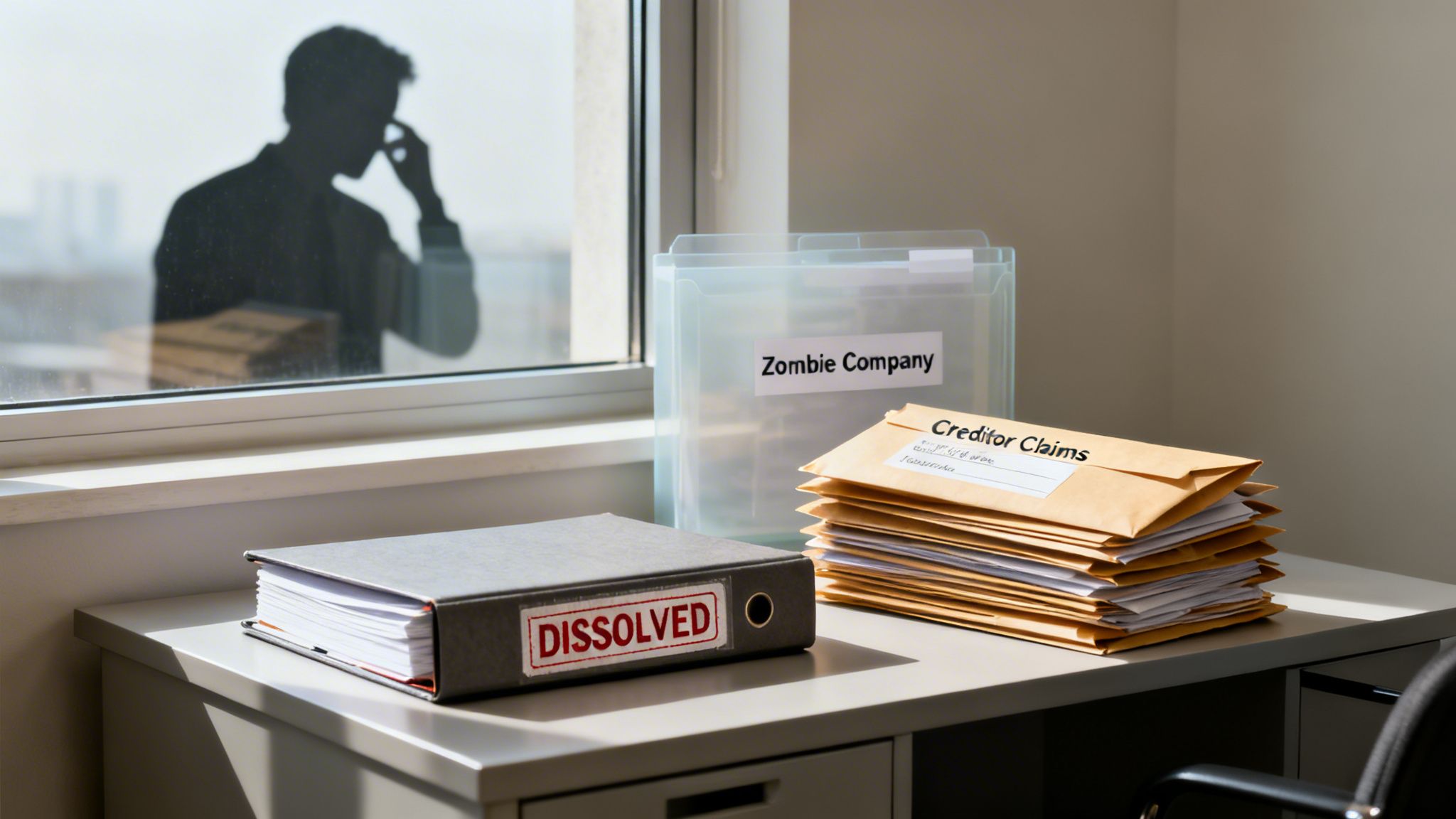 A desk with documents: 'DISSOLVED' binder, 'Zombie Company' file, 'Creditor Claims' envelopes, and a person's silhouette.