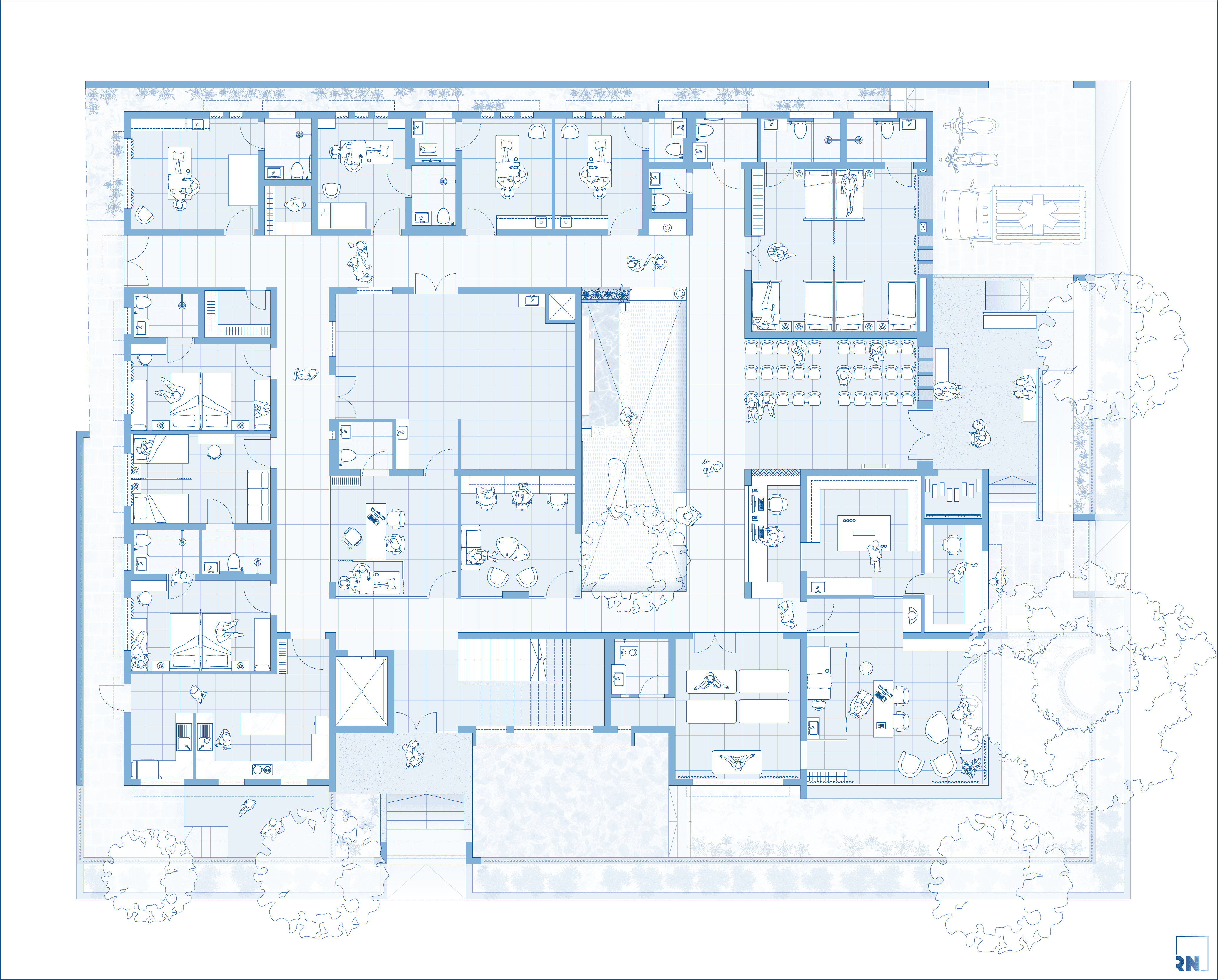 Vedansh Ayurveda, Malkapur – clinic plan with inward spatial organisation around a central courtyard, designed by Rooted Narratives, Bengaluru.