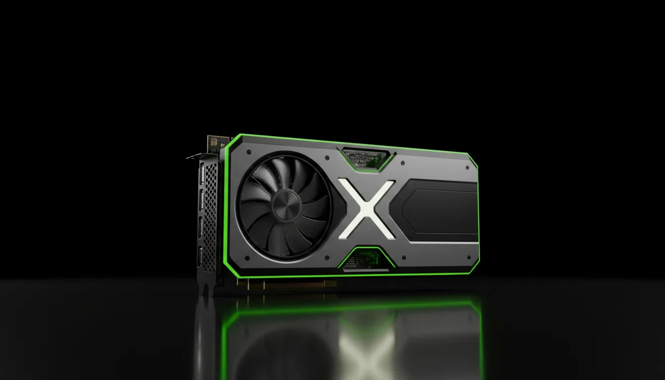 DSLR product shot of a futuristic NVIDIA RTX 5080 GPU, low-angle view, resting on a glossy black reflective surface against a dark background. Cinematic studio lighting with dramatic, vibrant green rim lighting accentuating the edges and a prominent 'X' design on the chassis. The GPU features a dark silver and matte black metal casing with a large cooling fan. Sharp focus on the hardware, high-tech aesthetic.