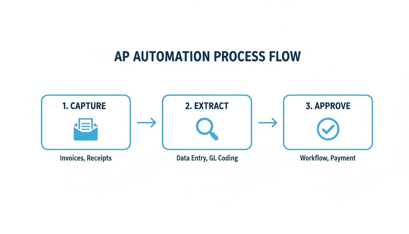 Diagram showing the AP automation process flow: Capture, Extract, and Approve steps for invoices and payments.