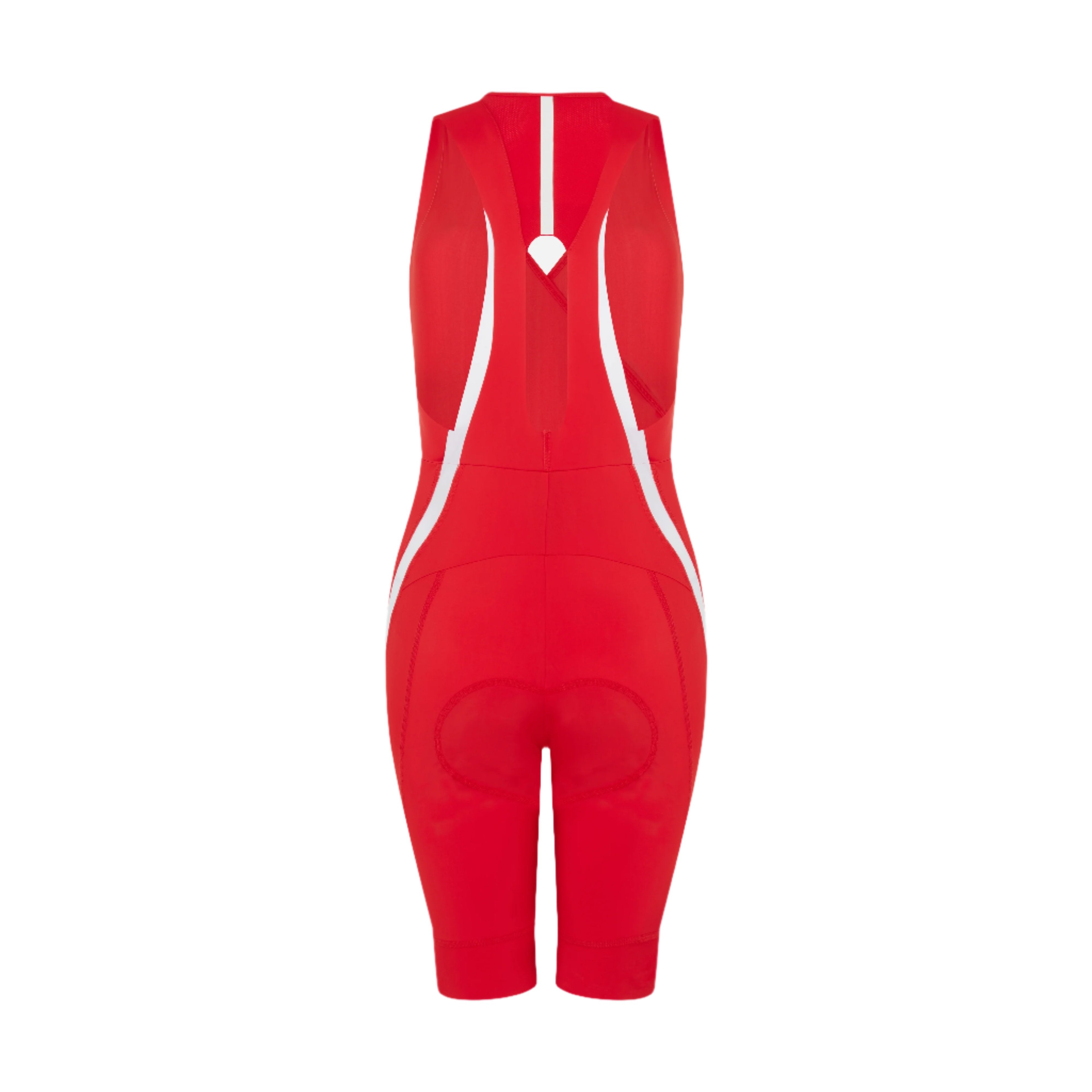 Woman-wearing-a-bright-red-high-waisted-biker-shorts-and-a-matching-front-zip-sports-bra-Red- athletic-outfit-with-white-angled- stripes-on-the-leg-for-training