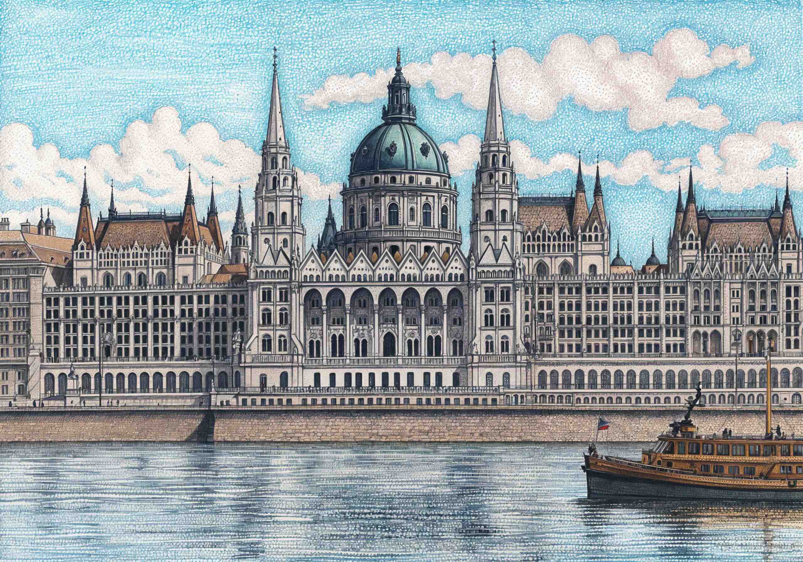 Detailed illustration of the Hungarian Parliament Building in Budapest, featuring Gothic Revival architecture, spires, and a grand central dome, with a boat on the Danube River in the foreground.