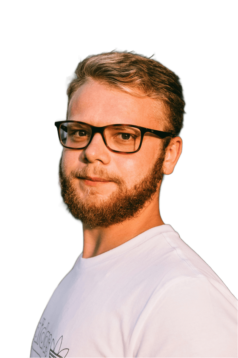 man in white crew neck shirt wearing black framed eyeglasses (Background Removed)