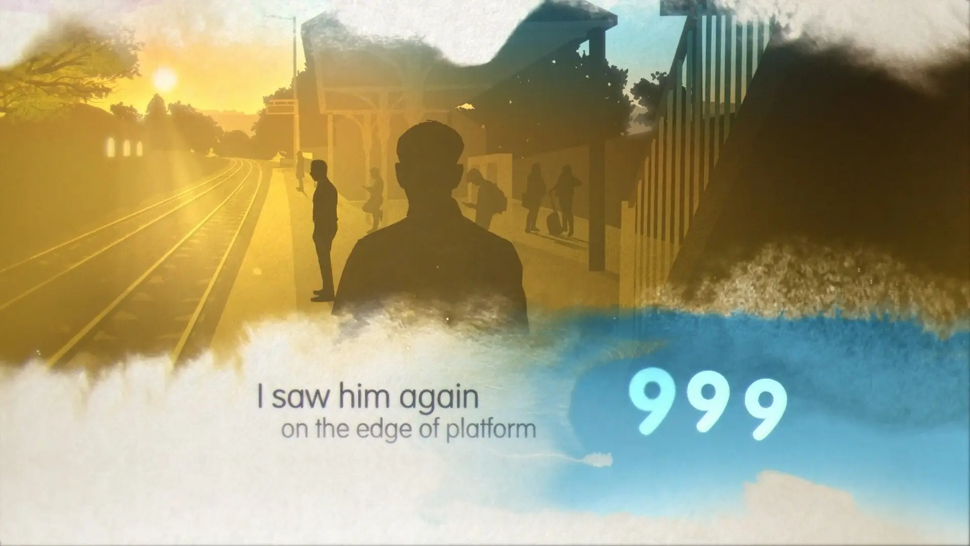 Stylised animated scene of a person standing near railway tracks at sunset, illustrated in a soft watercolour style.