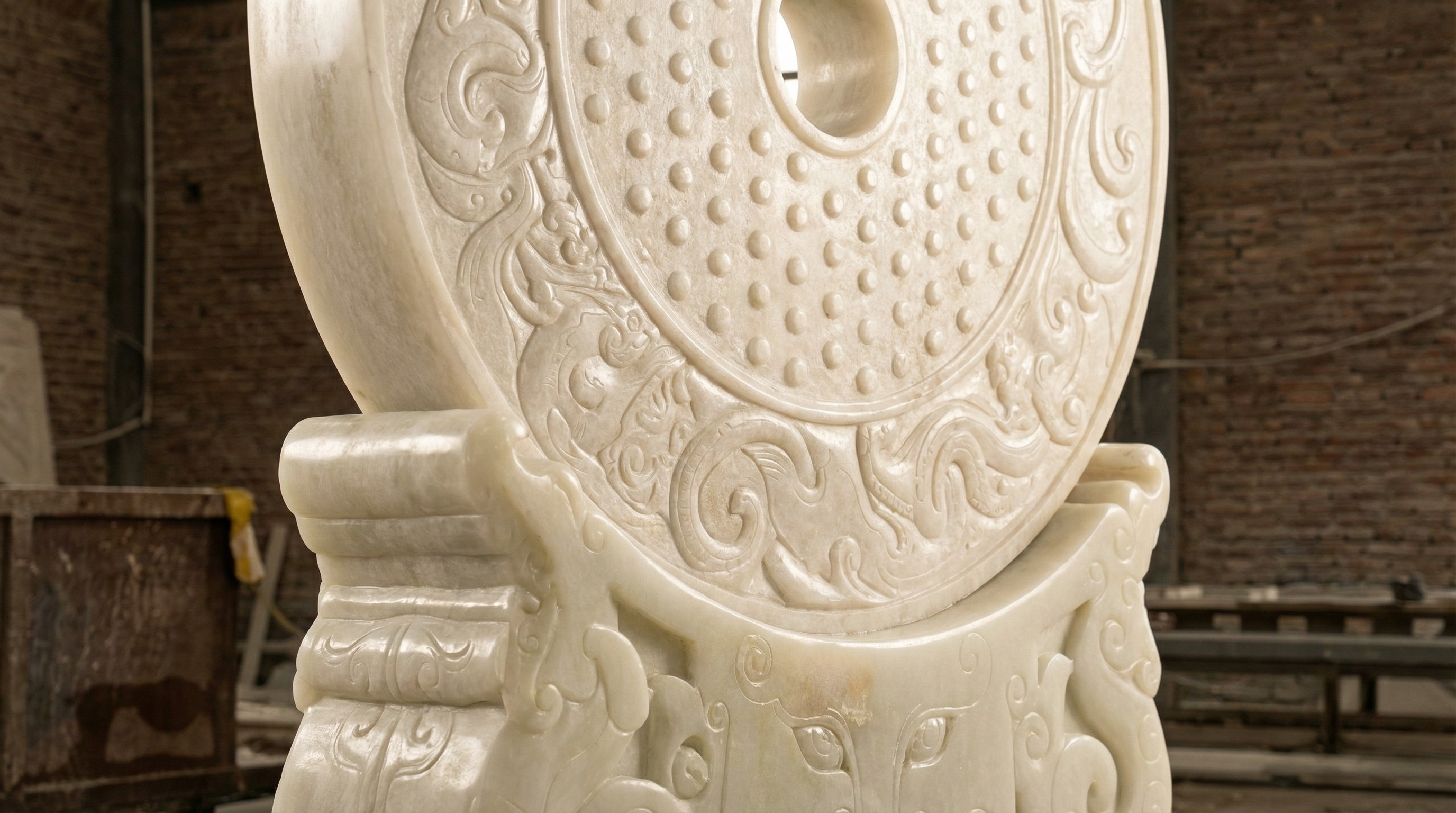Close-up of high-relief dragon and grain patterns on a white jade sculpture, showcasing NOVA STONE's fine carving skills.