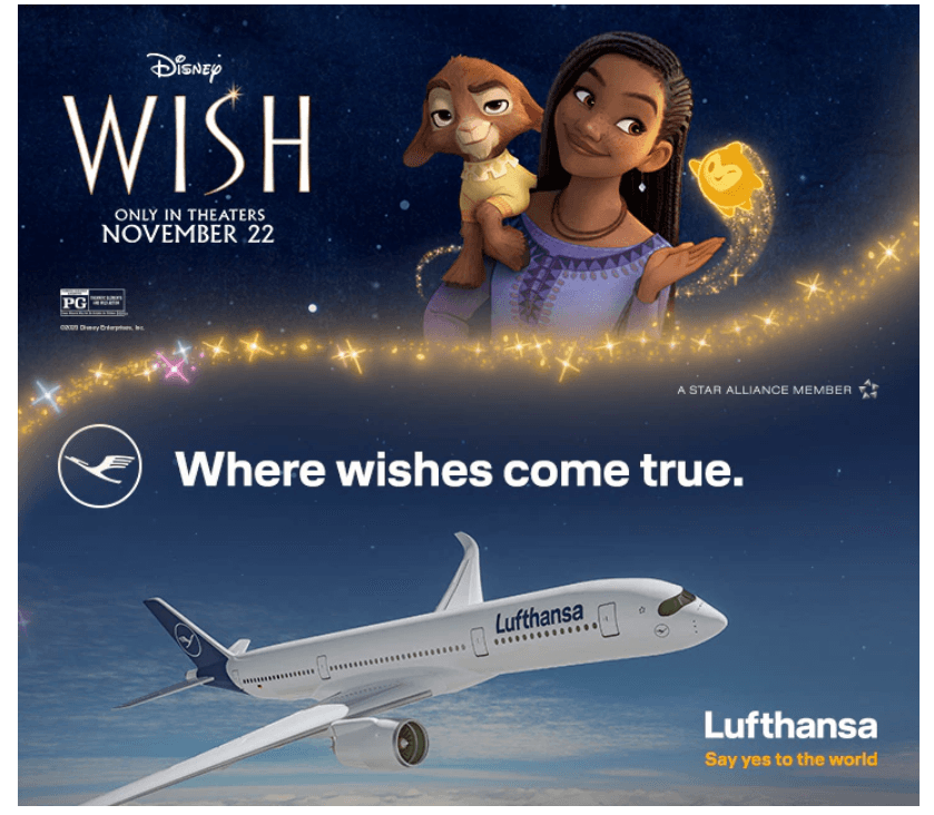 Disney Wish × Lufthansa global marketing partnership spanning travel, media and theatrical promotion.