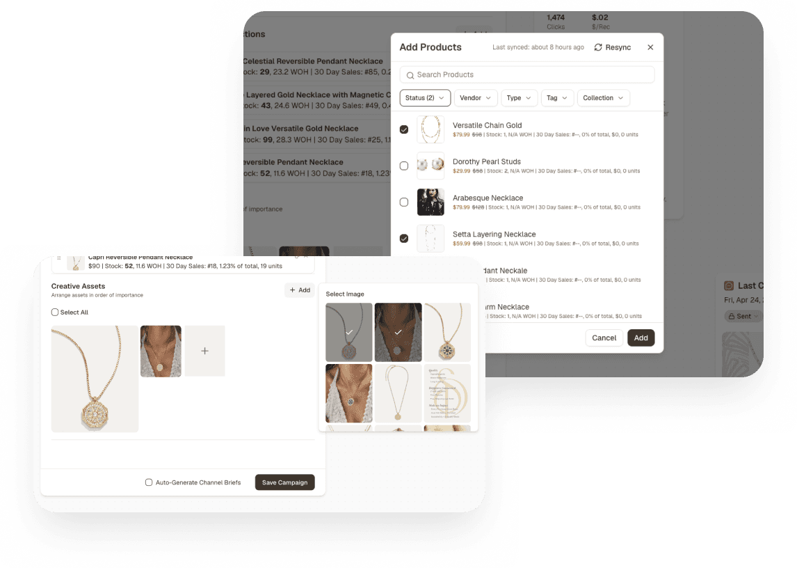 Marklo campaign canvas showing Shopify products and images pulled directly into the brief with inventory flags