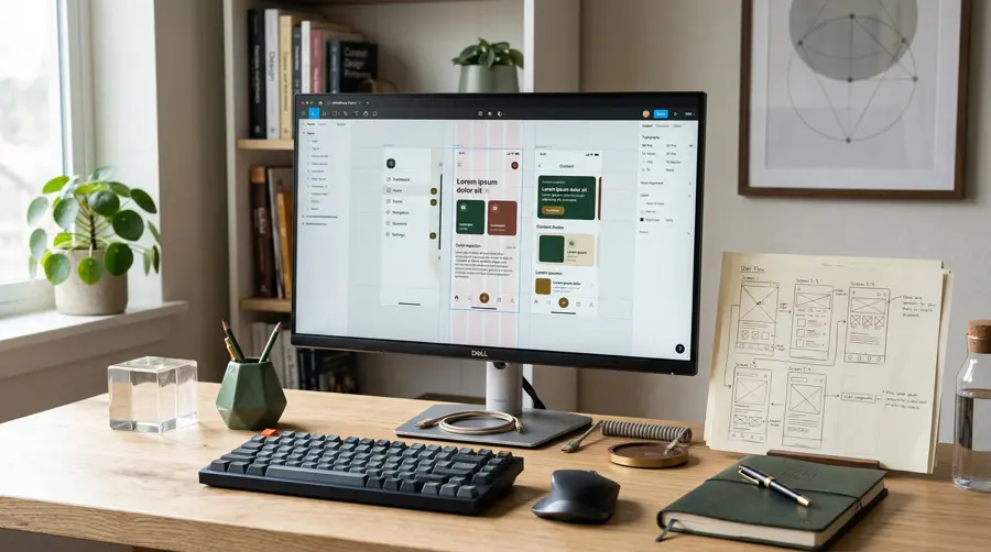 Fotografía de un espacio de trabajo que muestra un monitor con software de diseño profesional junto a wireframes dibujados en papel, ilustrando el conjunto de herramientas digitales y analógicas de Carlos López.