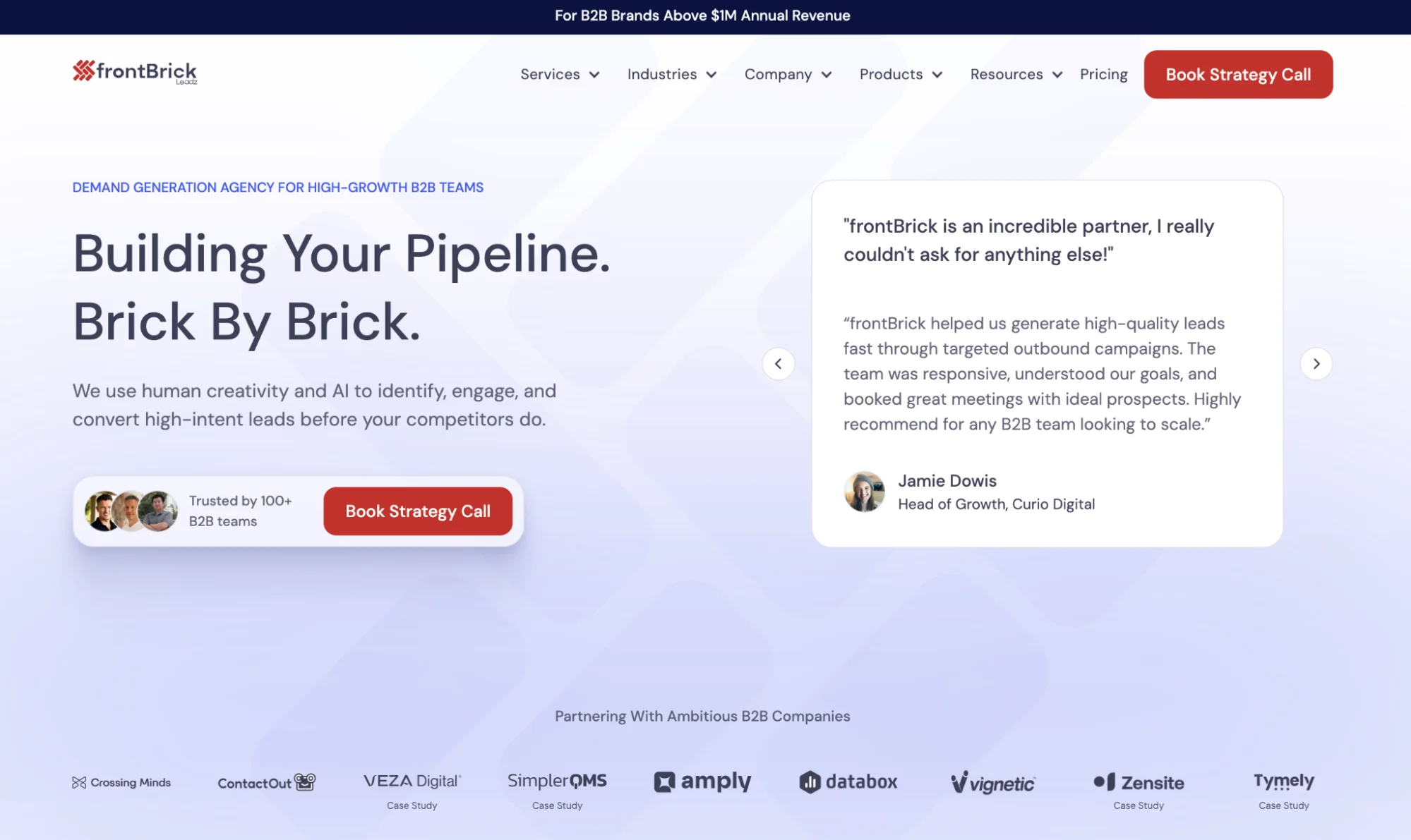 frontBrick homepage: Clay-certified demand generation and consulting agency