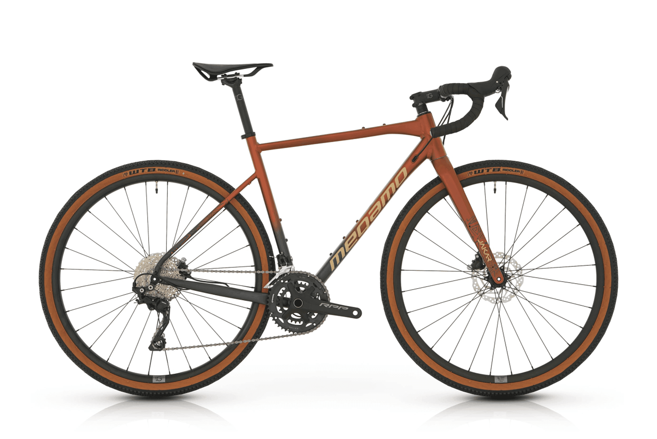 Vélo gravel Megamo Jakar 30 de couleur Orange terre battue.