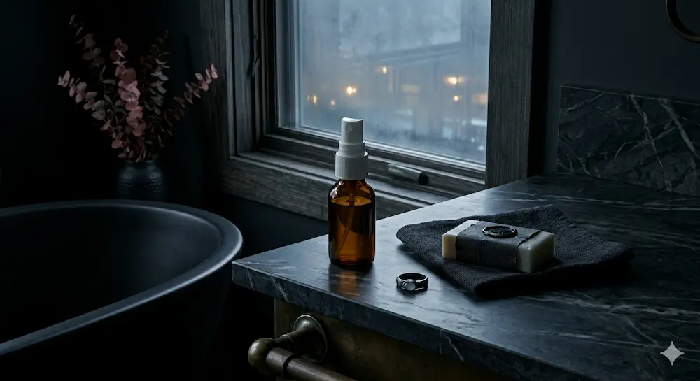 bathroom counter with sparay bottle of saline in austin,tx
