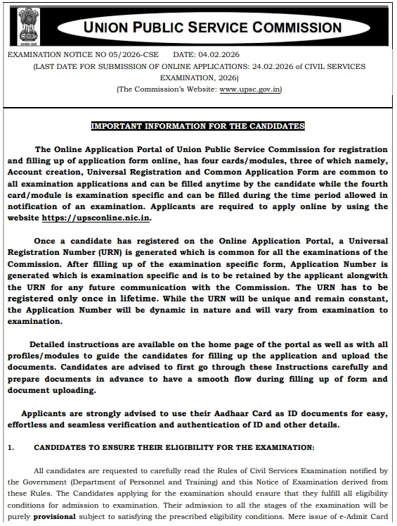 UPSC Official Notification 2026