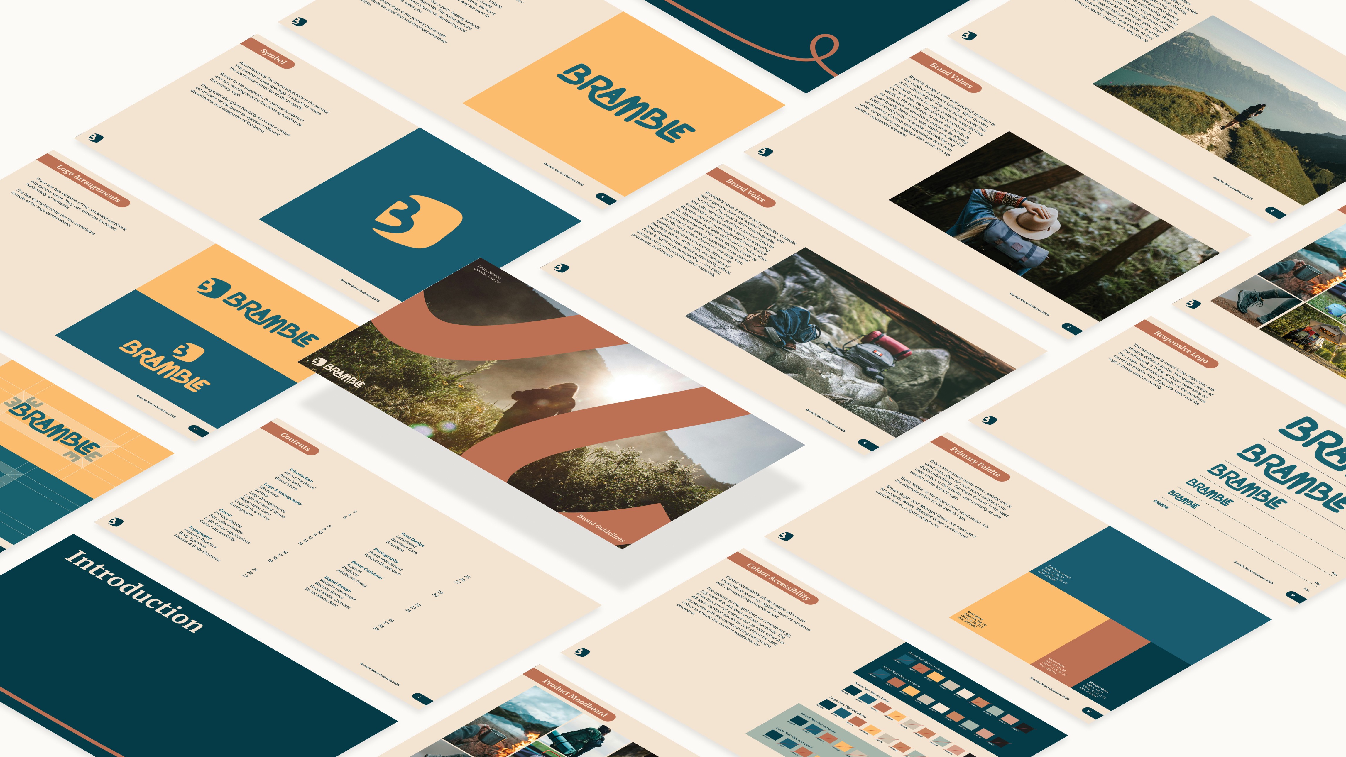 This image presents a high-angle, isometric view of various pages from the Bramble Brand Guidelines spread out across a white surface. The layout includes several key sections of the brand's identity, such as a Table of Contents, Brand Voice, and a Primary Palette featuring teal, orange, and cream colors. Other visible pages showcase Colour Accessibility charts, a Product Moodboard filled with outdoor photography, and various iterations of the brand's organic logo and wordmark. The overall presentation uses a clean, professional aesthetic to demonstrate the comprehensive visual and strategic rules for the outdoor equipment brand.