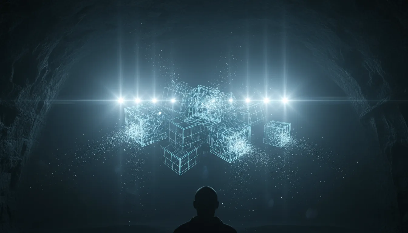 DSLR photograph from a low-angle perspective, capturing a large, abstract art installation in a dark, cavernous space. The installation is a complex structure of glowing, cool-blue wireframe cubes suspended in mid-air, with some cubes shattering and exploding into small, bright fragments. Intense spotlights from behind cast dramatic volumetric light rays through a hazy atmosphere, creating cinematic contrast and starburst lens flares. The silhouette of a person's head is visible in the bottom foreground, adding a sense of scale.