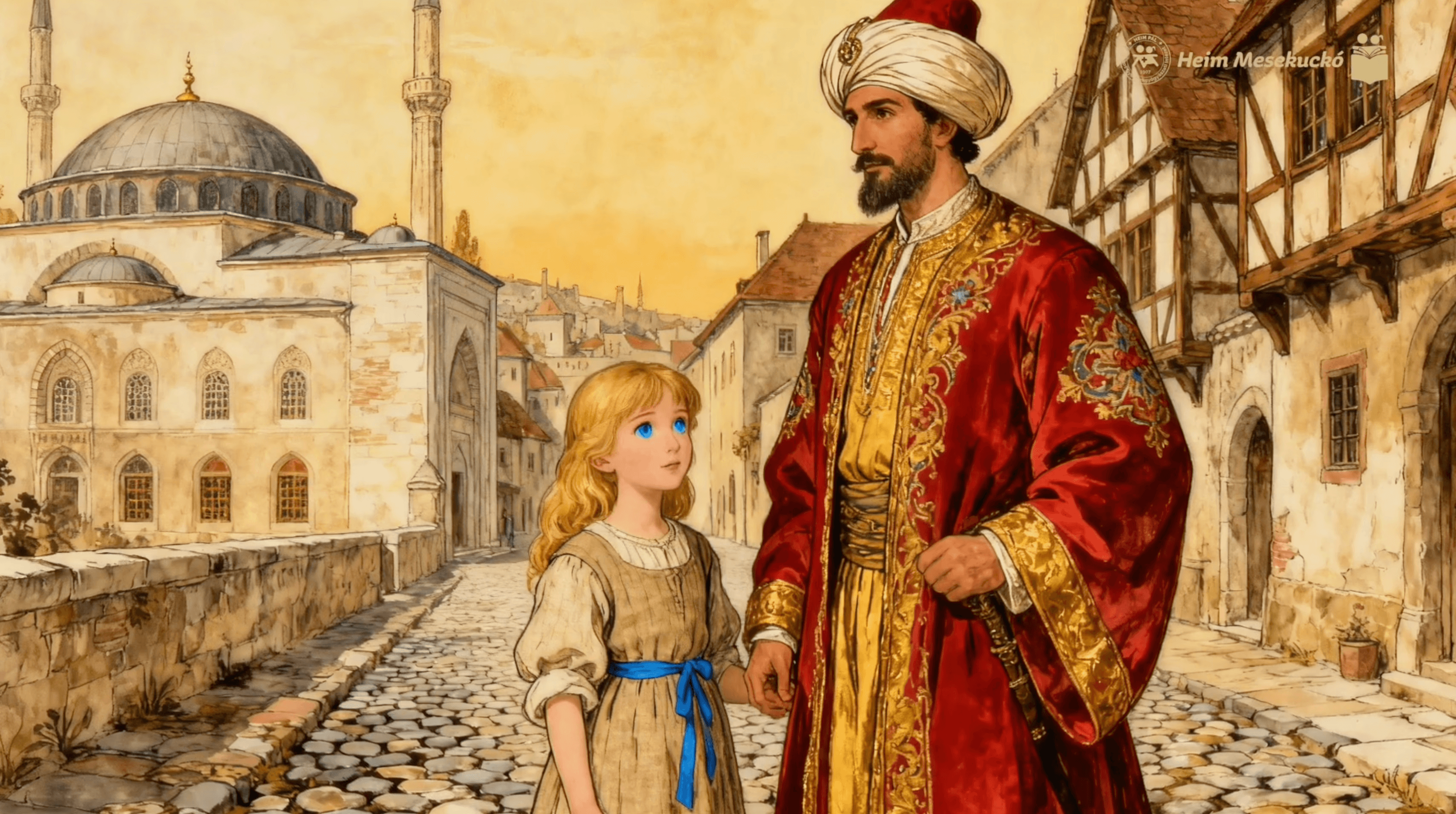 Török turbános férfi, a macskaköves város utcáján, kék szemű szőke kislánnyal.