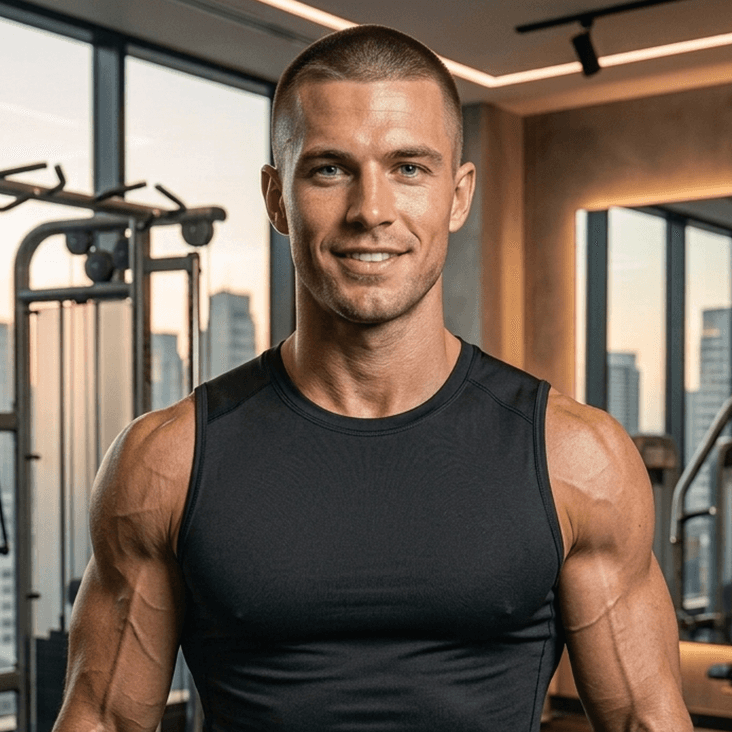 Headshot of a smiling, fit middle-aged man in a tank top inside a workout facility, accompanying Caleb Stone's testimonial.