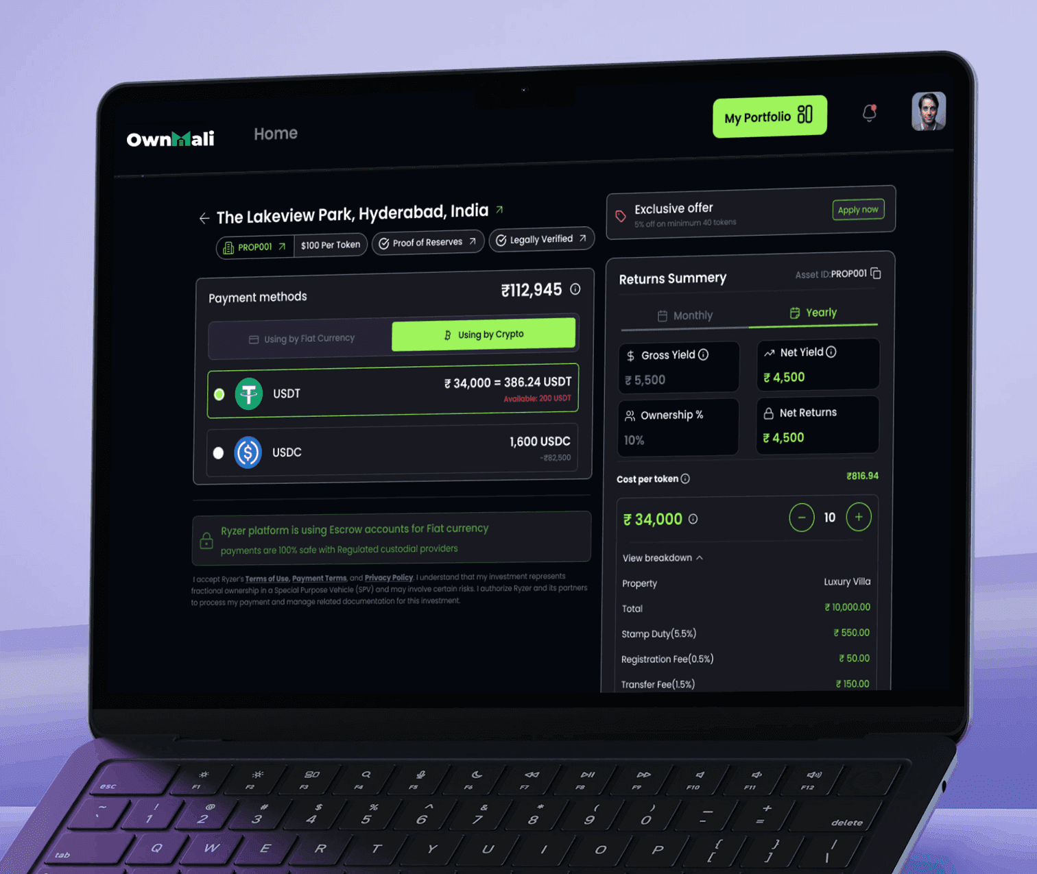 Expense breakdown donut chart showing $3,500 in total, categorized by rent, investment, and education